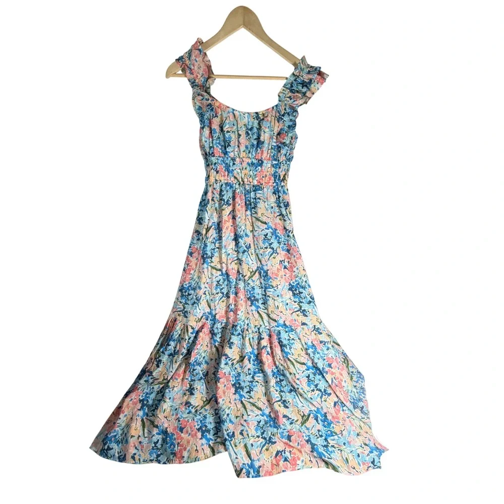 Abercrombie & Fitch Floral Smocked Maxi Dress Blue Pink Ruffle XS 159D2300